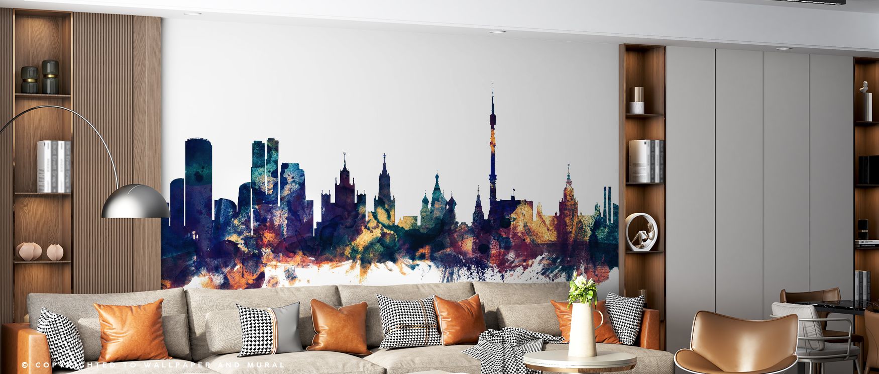 The Moscow Russia Skyline Blue & Bronze Wallpaper portrays luminous cityscapes, where architectural forms capture glowing vitality, offering interiors decorative refinement and cultural resonance rooted in urban grandeur. 
