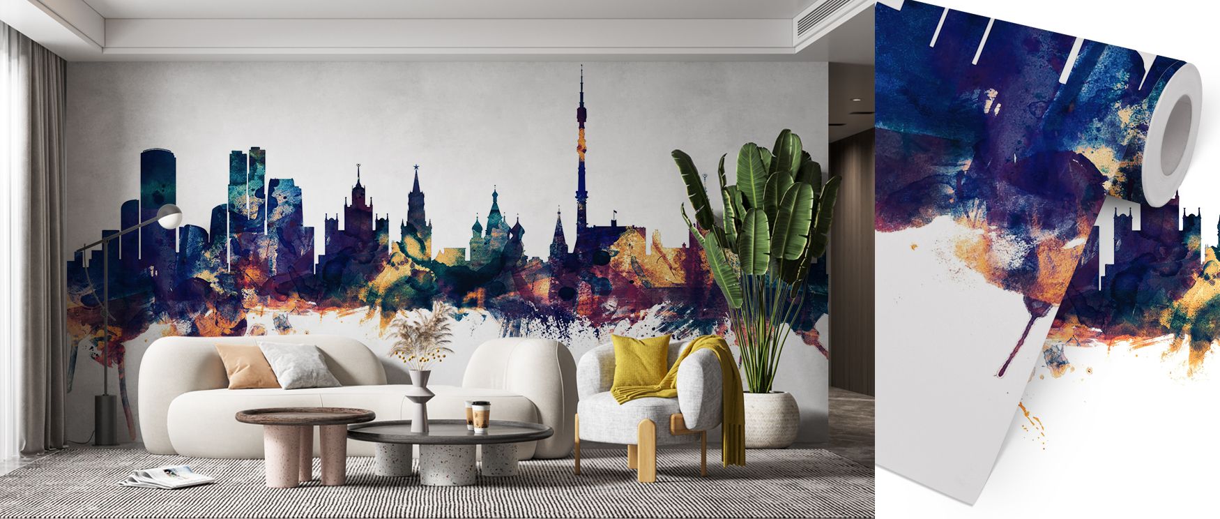 Urban rhythm dominates Moscow Russia Skyline Blue & Bronze Wallpaper, as domes and towers appear in vivid color, creating walls that exude cosmopolitan energy, elegance, and atmosphere suited to stylish bedrooms or offices. 