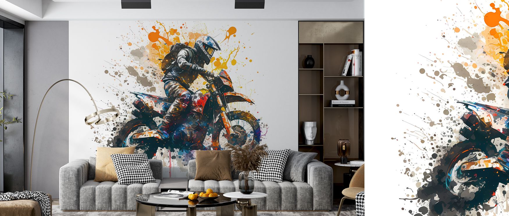The imagery of Moto Action Wallpaper celebrates athletic charm and adrenaline, creating energetic surfaces that spark creativity and stylish power within interiors. 