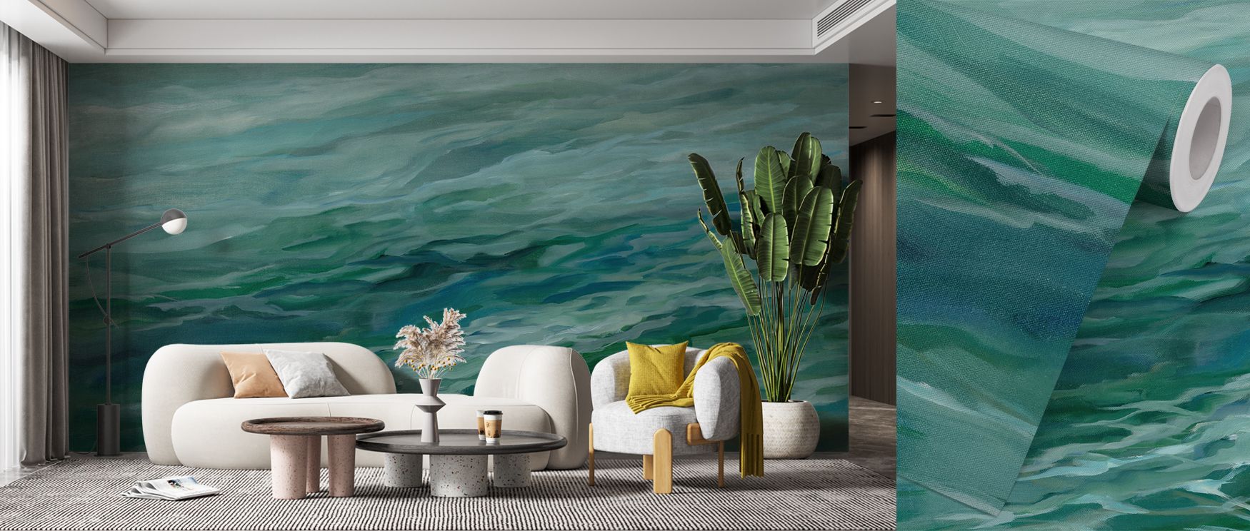 Ocean-inspired imagery appears in Moving Sea Wallpaper, turning walls into rhythmic surfaces filled with balance, movement, and decorative charm suited to bedrooms or living areas. 