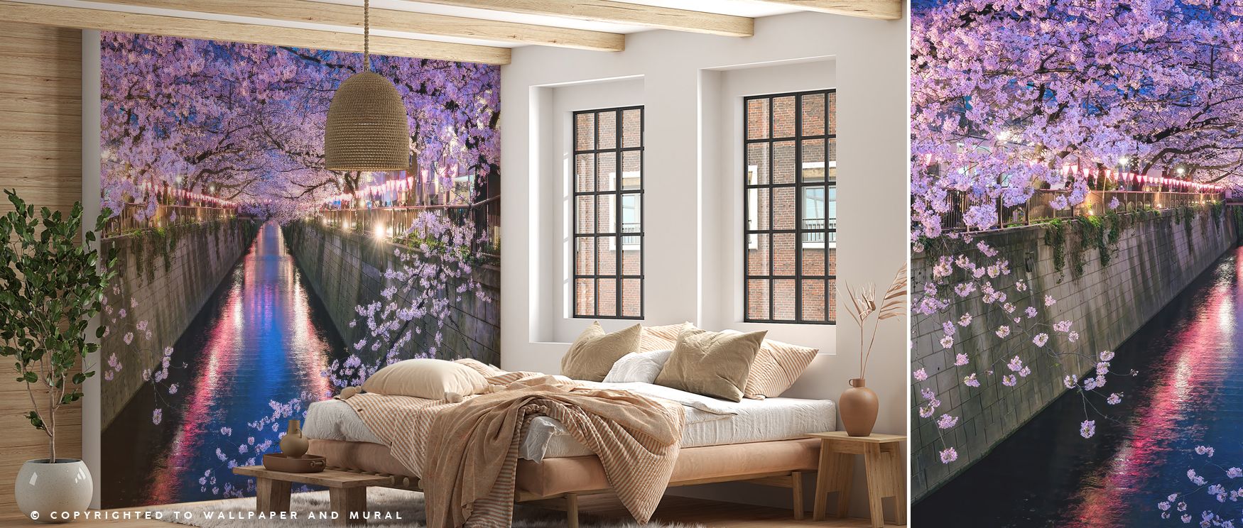 Nakameguro Cherry Blossom Wallpaper conveys timeless calm where blossoms radiate natural charm, ensuring interiors glow with decorative harmony, elegance, and floral sophistication. 