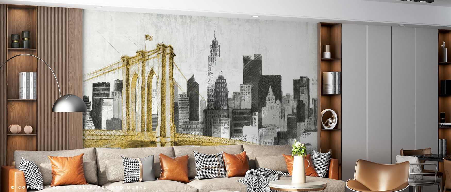 New York Skyline Yellow Bridge Wallpaper conveys metropolitan artistry in glowing contrasts, producing decorative surfaces that transform interiors into radiant cultural showcases enriched with charm. 