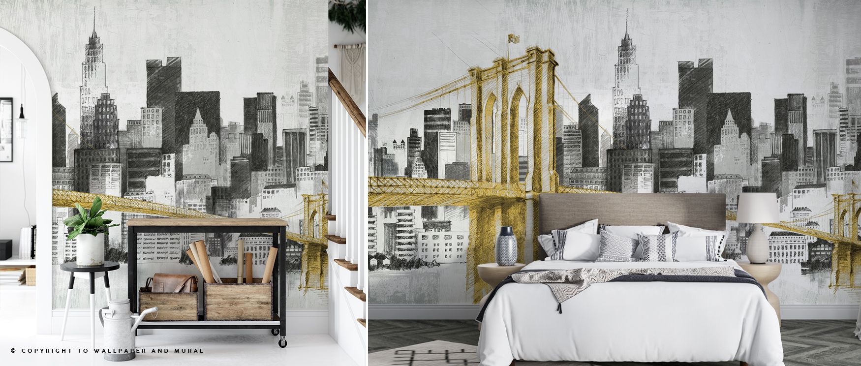 New York Skyline Yellow Bridge Wallpaper captures architectural rhythm in glowing tones, ensuring interiors glow with decorative charm, vitality, and modern metropolitan flair. 