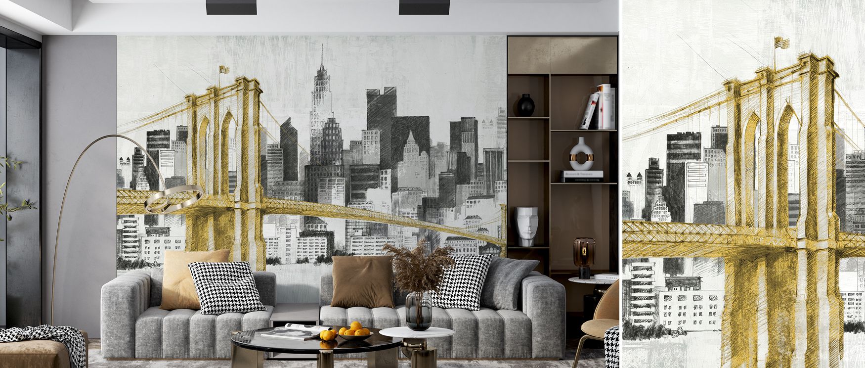 New York Skyline Yellow Bridge Wallpaper presents luminous patterns where architectural forms glow in vibrant tones, turning walls into decorative showcases filled with artistry. 
