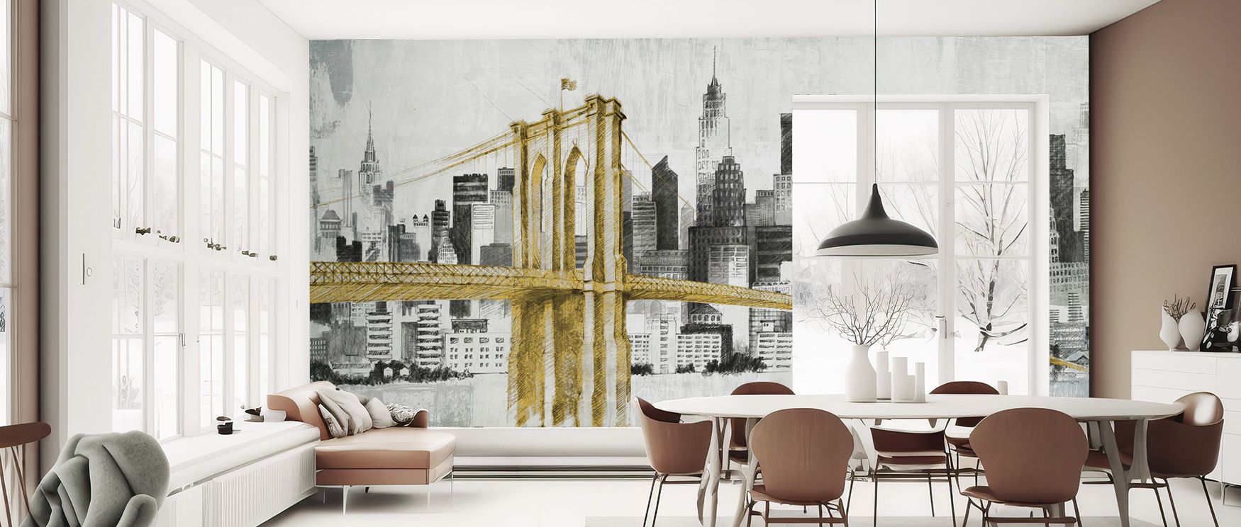 The imagery of New York Skyline Yellow Bridge Wallpaper reveals bold architectural presence, producing decorative power that enriches interiors with sophistication and rhythm. 