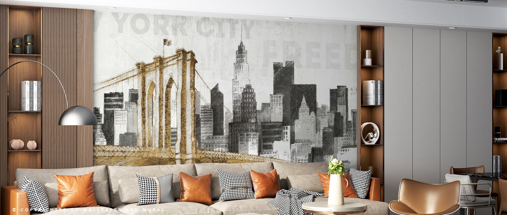 New York Skyline Wallpaper conveys metropolitan rhythm with glowing silhouettes, ensuring interiors glow with decorative balance, cultural charm, and artistic refinement. 