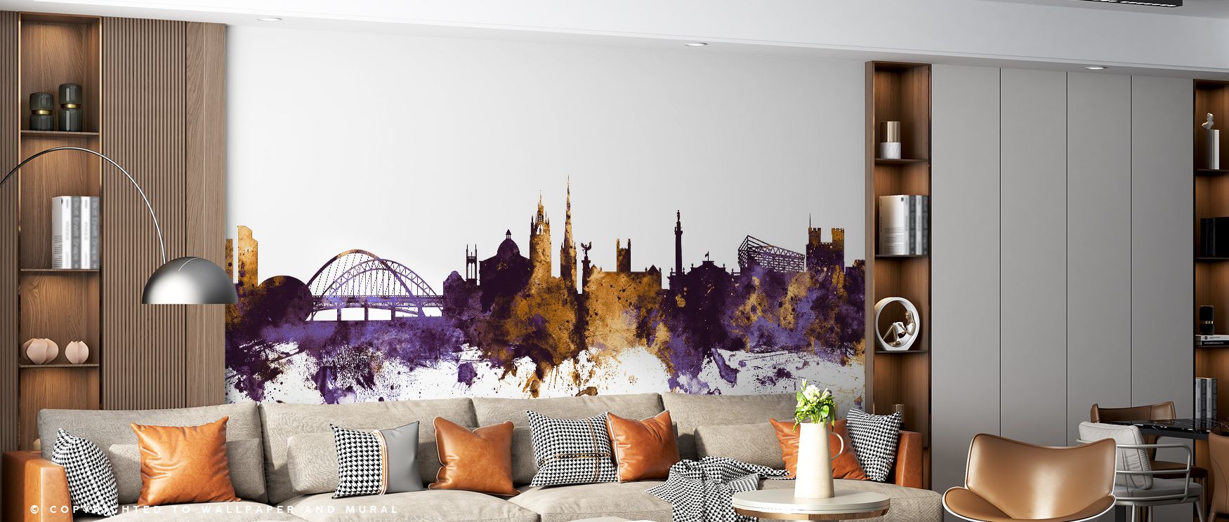 Newcastle Skyline Purple & Gold Wallpaper captures luminous rhythm, producing decorative imagery filled with cultural refinement, vitality, and bold metropolitan character. 