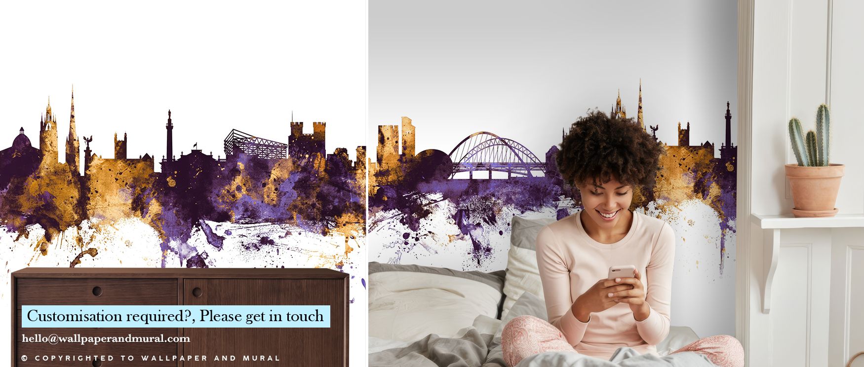 Tonal artistry shines in Newcastle Skyline Purple & Gold Wallpaper, where glowing forms create decorative balance and cultural vibrancy within interiors. 