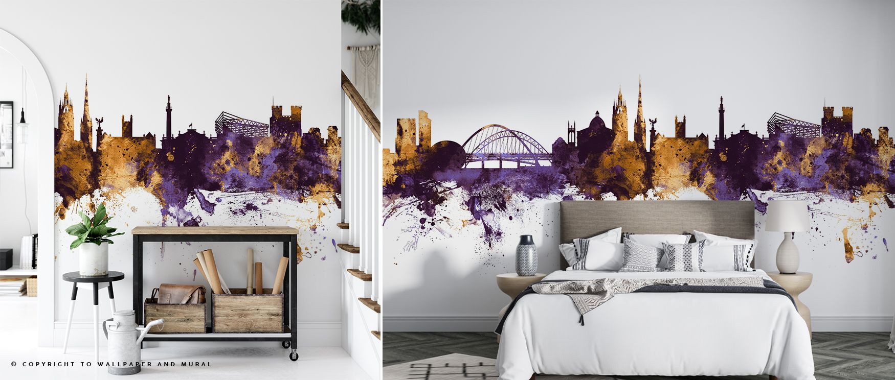 Newcastle Skyline Purple & Gold Wallpaper expresses cultural vitality through radiant silhouettes, turning walls into decorative features enriched with charm and rhythm. 