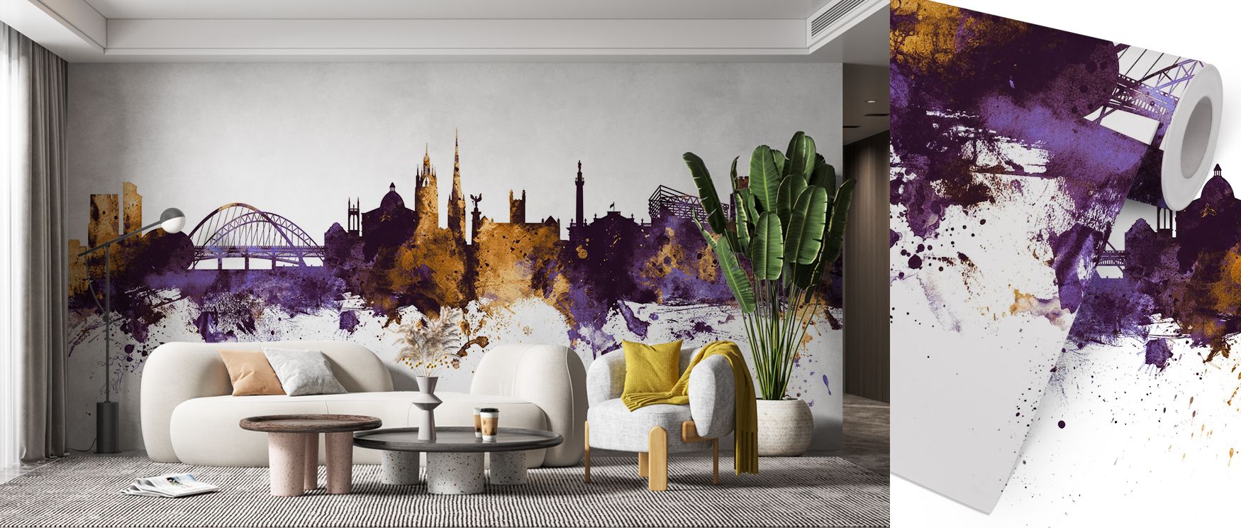 Decorative sophistication appears in Newcastle Skyline Purple & Gold Wallpaper, presenting luminous architectural imagery that enriches interiors with metropolitan energy. 