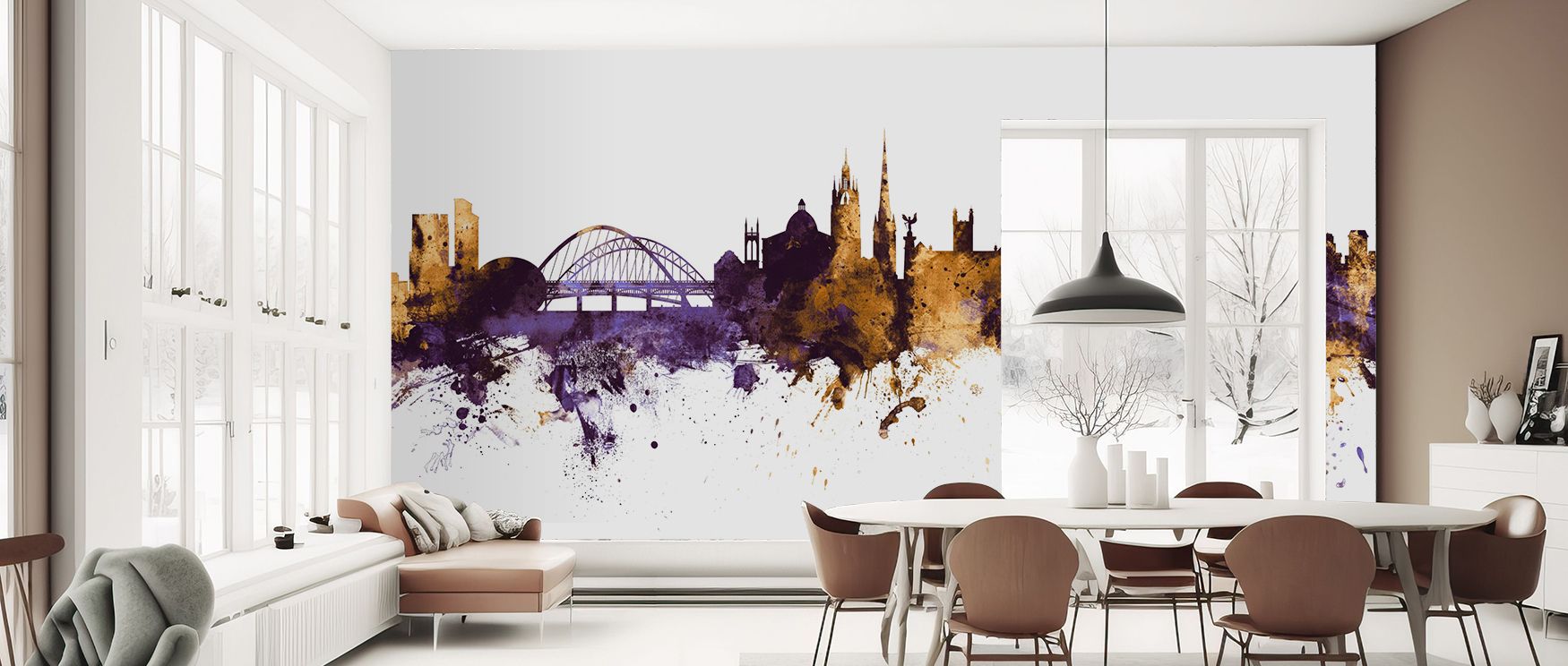 Newcastle Skyline Purple & Gold Wallpaper conveys cultural rhythm through glowing architectural silhouettes, producing decorative artistry filled with sophistication and vibrancy. 