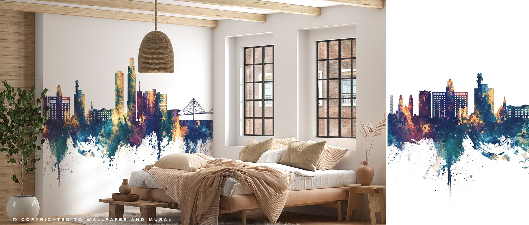 Omaha Nebraska Skyline Blue & Bronze Wallpaper conveys pride through bold hues. Living rooms radiate conversation energy, offices professional edge, and bedrooms cozy serenity, blending strength with decorative flair.