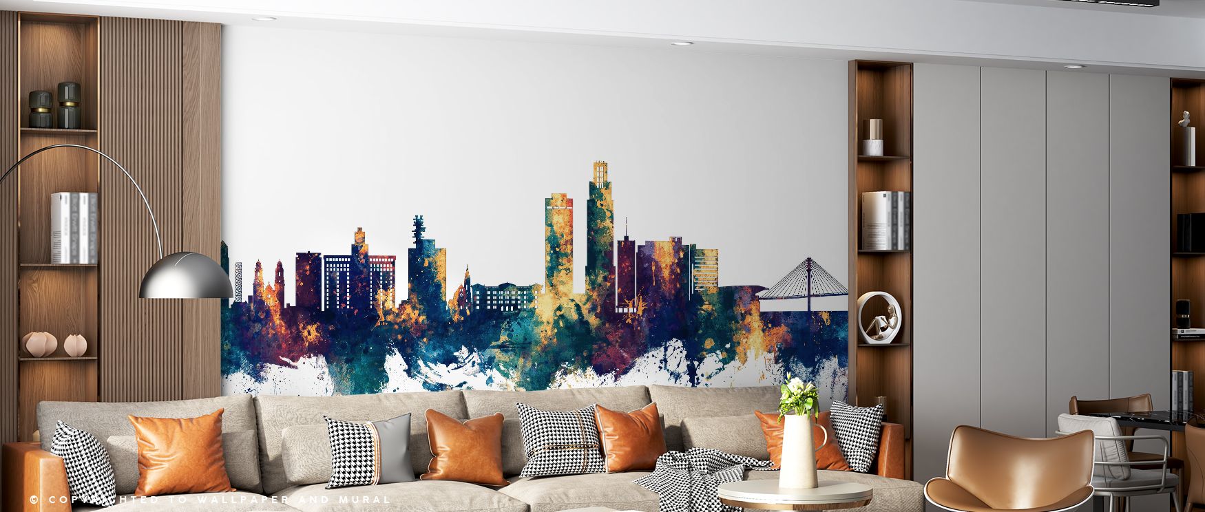 Glowing contrasts emerge in Omaha Nebraska Skyline Blue & Bronze Wallpaper with bronze brilliance. Bedrooms benefit from soft charm, living rooms from rhythm, and offices from stylish refinement, offering timeless artistry.