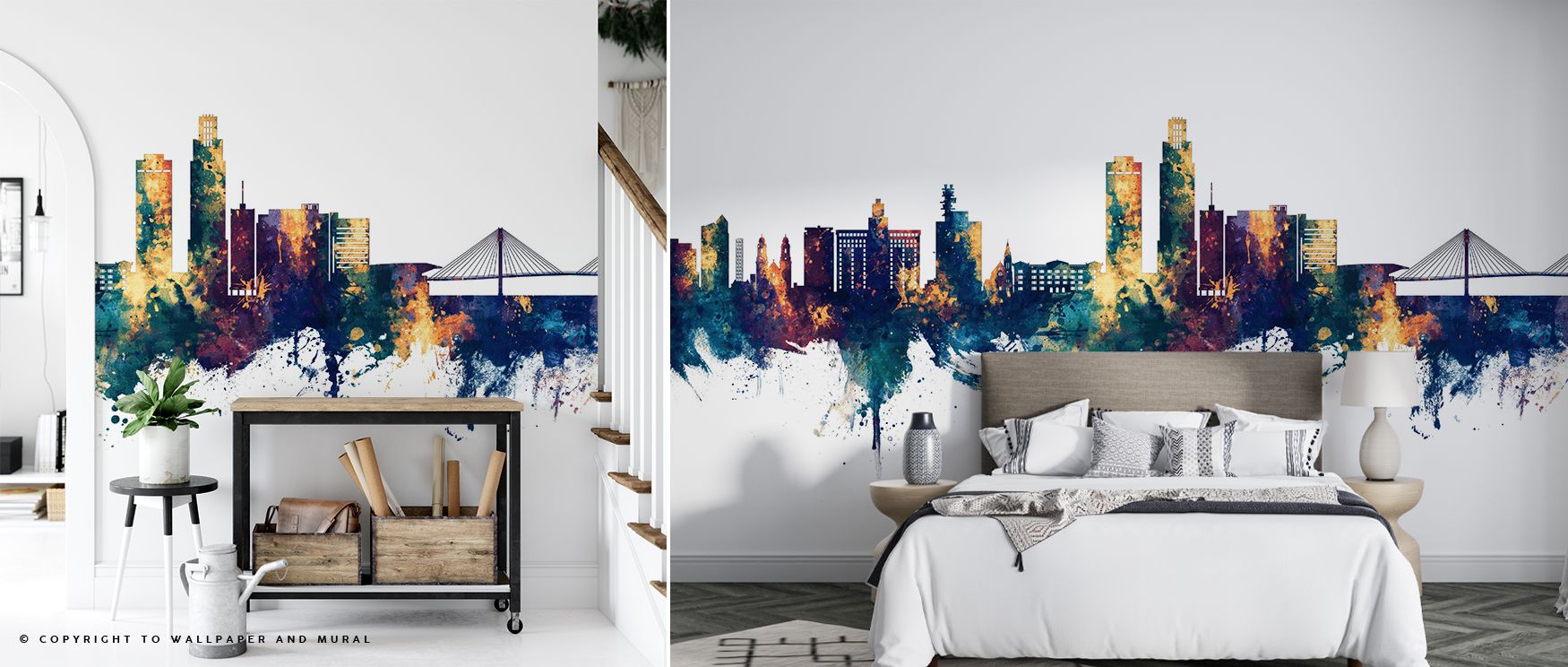 Omaha Nebraska Skyline Blue & Bronze Wallpaper presents metropolitan spirit in radiant tones. Offices achieve creative balance, bedrooms tranquil elegance, and living rooms vibrant appeal, celebrating Nebraska’s city character.
