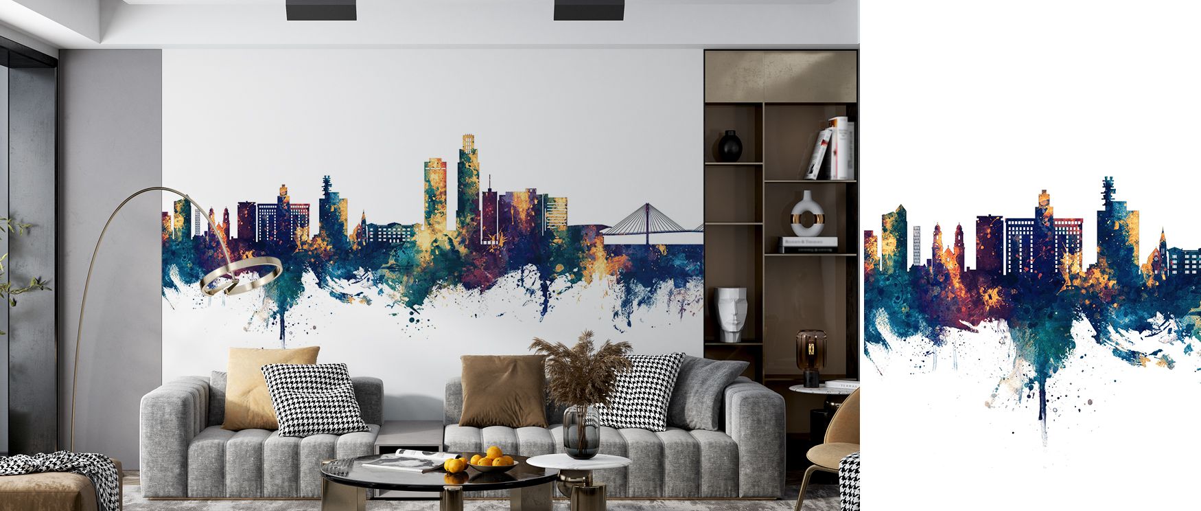 Dynamic beauty flows through Omaha Nebraska Skyline Blue & Bronze Wallpaper in refined tones. Bedrooms welcome cozy glow, offices professional energy, and living rooms bold vibrancy, balancing artistry and modern sophistication.