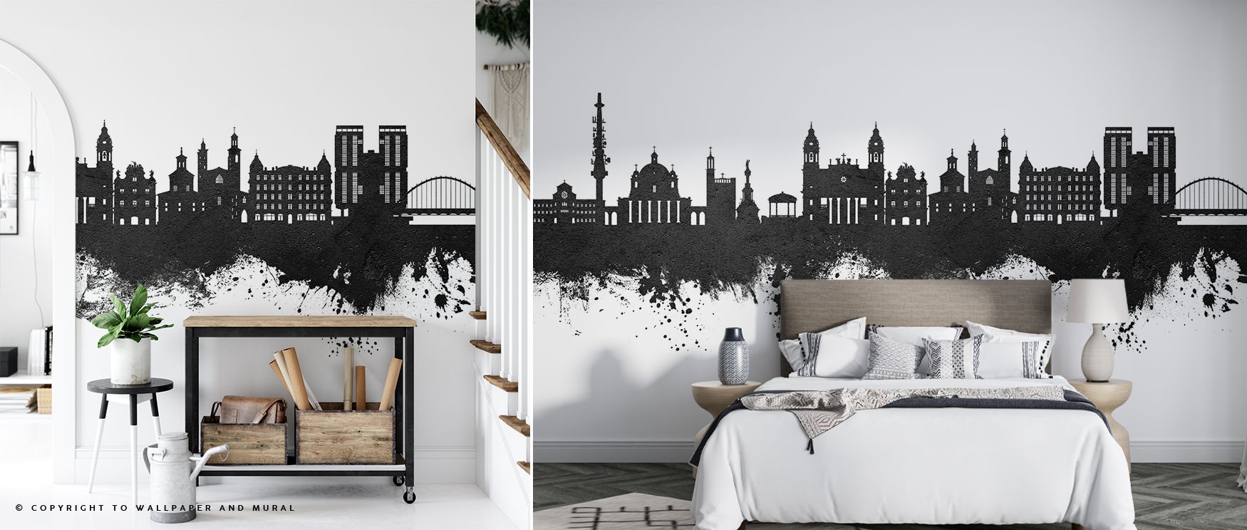 Black and white tones highlight Pamplona Spain Skyline Wallpaper, presenting the city as a piece of decorative art. Its minimal character transforms interiors, adding elegance and metropolitan flair to bedrooms, living spaces, or offices. 