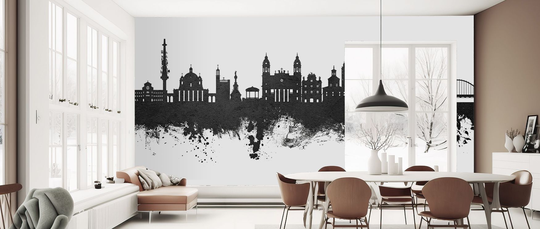 Architectural silhouettes shine in Pamplona Spain Skyline Black & White Wallpaper, offering interiors strength and style. Its minimal palette enhances walls, creating timeless atmospheres in living rooms or offices seeking modern urban charm. 