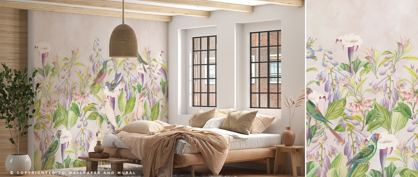 Parrot Garden Wallpaper captures tropical charm through layered greenery and radiant parrots. Its cheerful tone inspires lively interiors, bringing warmth and creativity to children’s spaces, bedrooms, or living rooms. 
