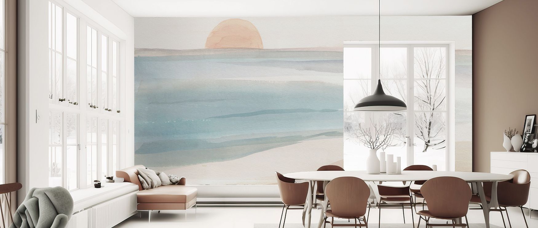 Gentle gradients in Pastel Seas Wallpaper blend sea and sky in delicate harmony. Interiors glow with peace, making walls in bedrooms or serene living spaces radiate calming decorative elegance. 
