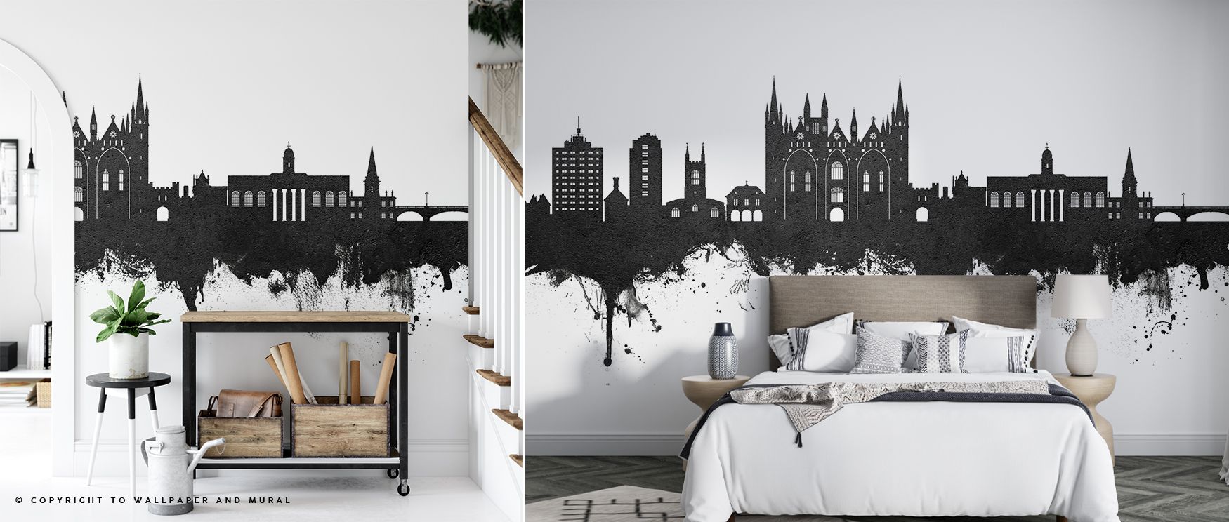 Peterborough England Skyline Black & White Wallpaper reflects architectural beauty, its crisp palette enhancing walls with urban charm. Interiors thrive on sophistication in living rooms or bedrooms. 