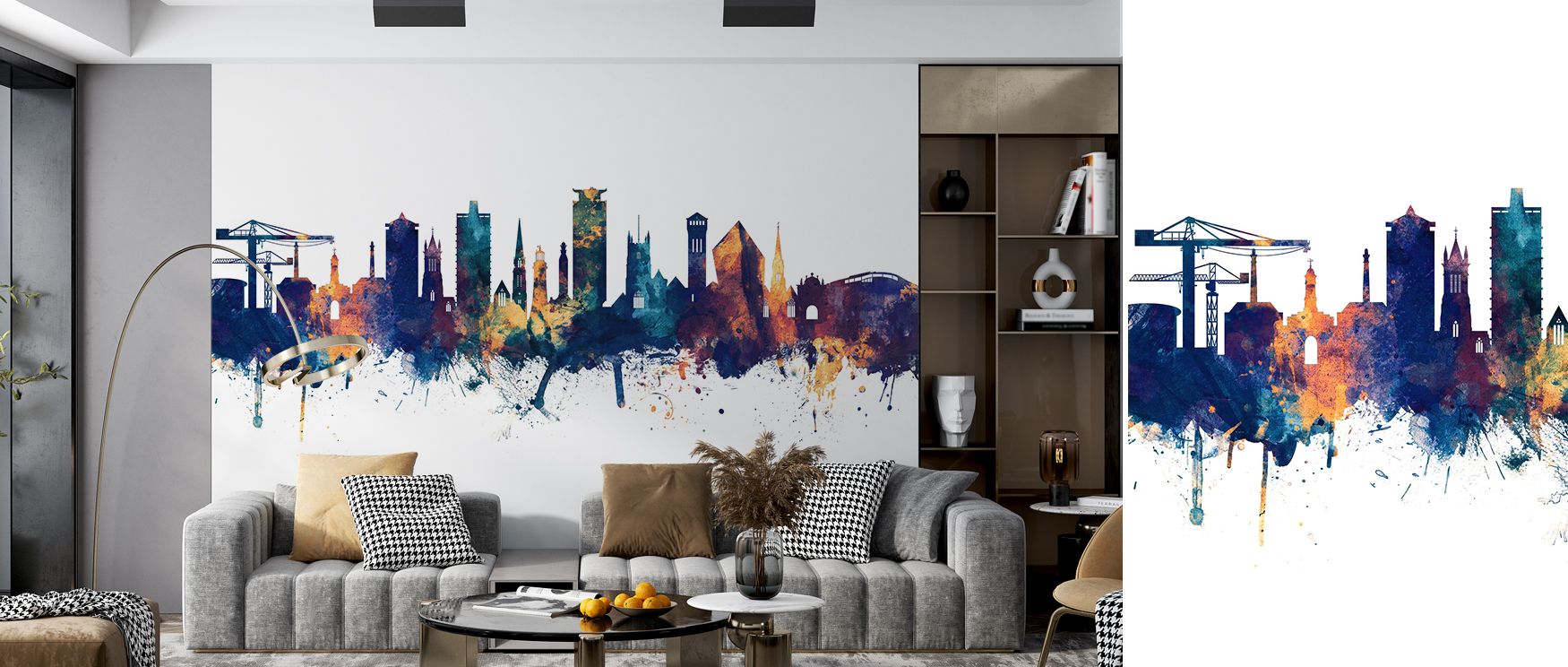 Plymouth England Skyline Blue & Bronze Wallpaper celebrates architectural clarity in rich color. Interiors glow with decorative tone, enhancing living rooms or bedrooms with maritime elegance. 