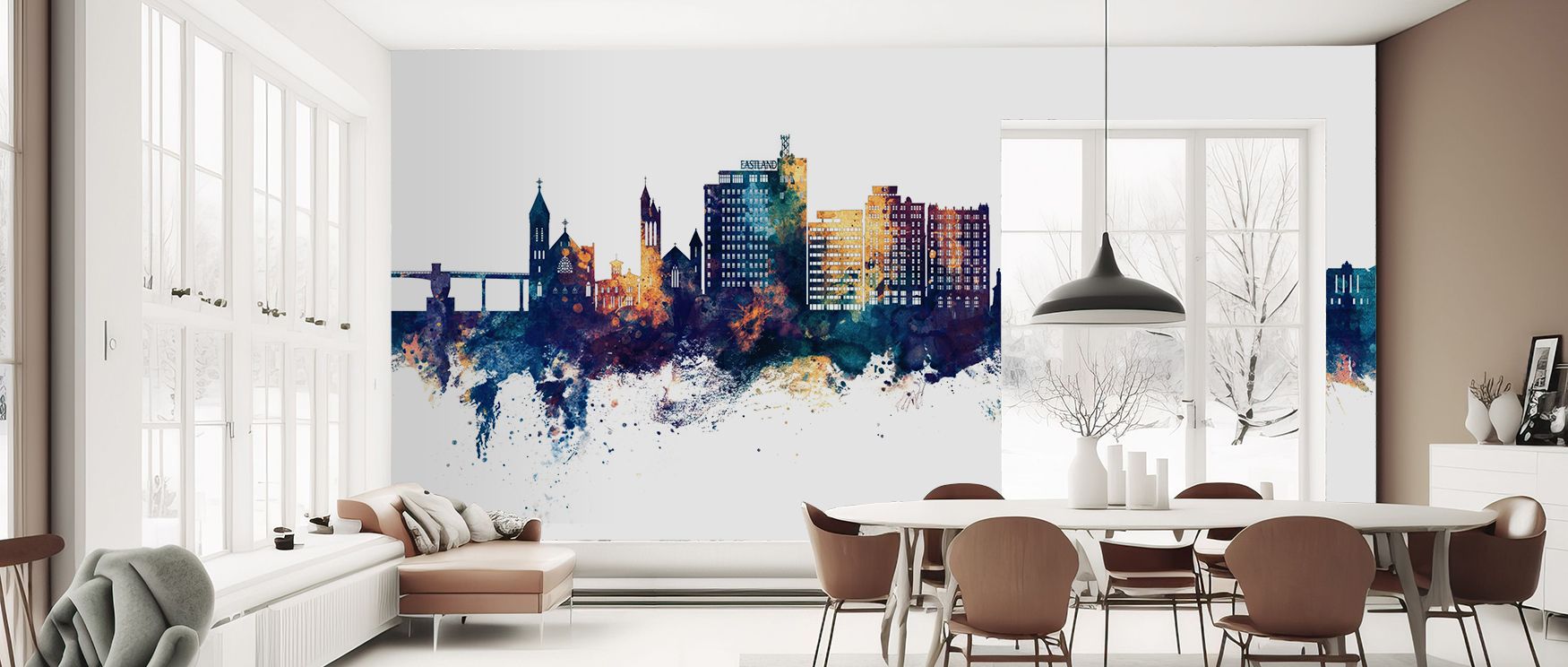Portland Maine Skyline Blue & Bronze Wallpaper thrives on calm vibrance, its palette soothing interiors. Walls gain decorative strength, making bedrooms or offices glow with charm. 
