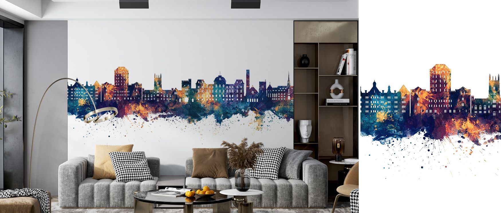Poughkeepsie New York Skyline Blue & Bronze Wallpaper adds cultural vibrance, blending tones into city detail. Interiors glow with decorative strength, enhancing offices or living rooms. 