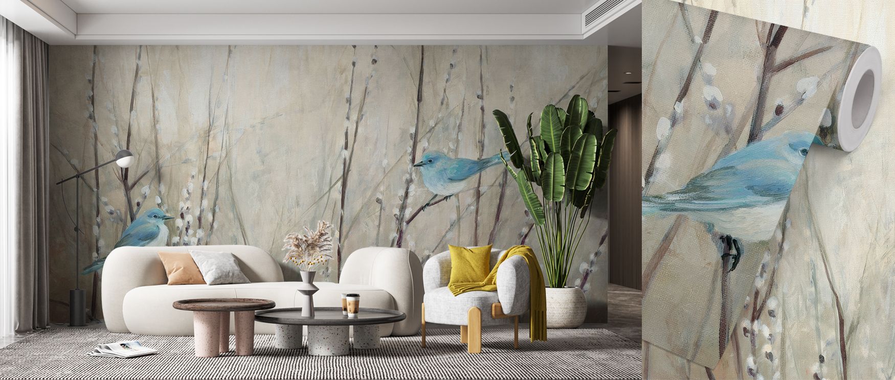 Airy forms define Pretty Birds Neutral Wallpaper, with birds appearing gently suspended. Their placement adds rhythm, creating quiet harmony. Interiors become serene retreats, ideal for offices or bedrooms. The design resonates with timeless grace and art