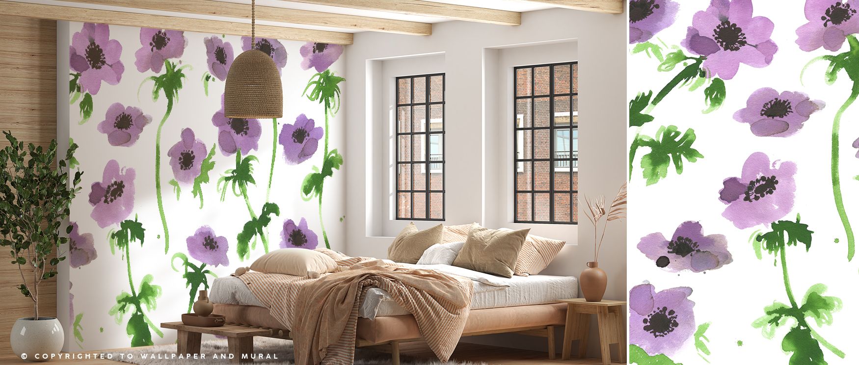 Gentle hues highlight Purple Anemones Wallpaper, where blossoms appear textured and lifelike. The palette conveys timeless grace, enhancing interiors with softness. This wallpaper uplifts walls with floral character, turning rooms into havens of calmness.