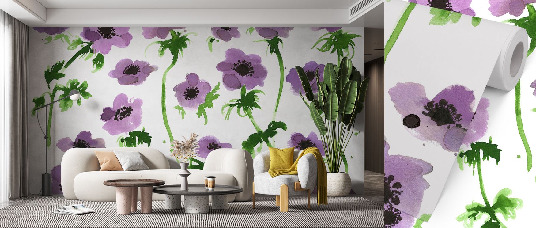Layers of blossoms cascade across Purple Anemones Wallpaper, presenting harmony between bold violets and subtle lavender. The artwork radiates floral delicacy, offering timeless charm. Interiors are enriched with serenity, making this wallpaper perfect fo