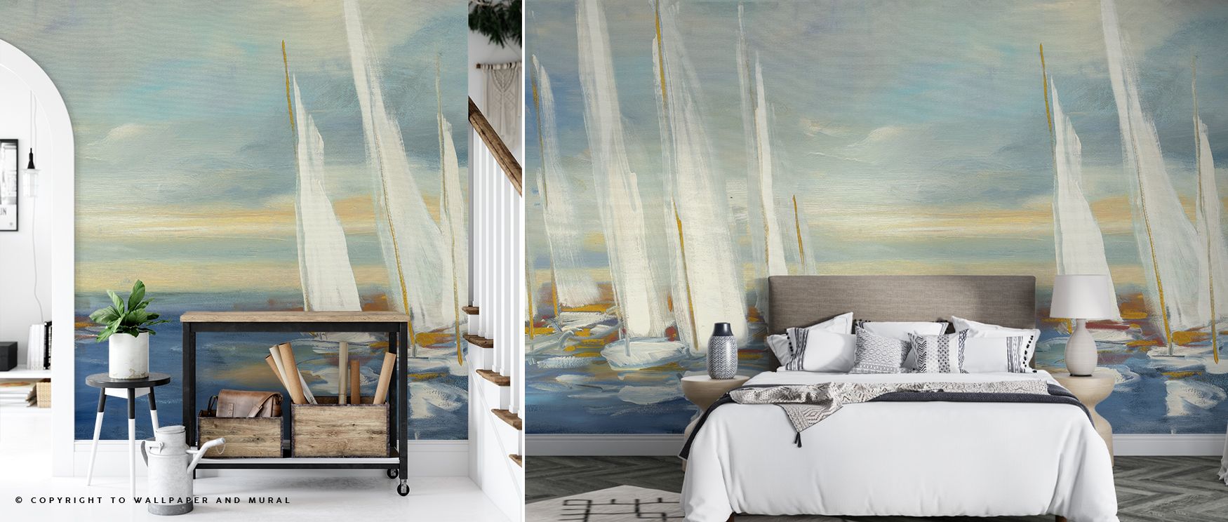 Sky and water unite in Regatta Sunset Wallpaper, blending soft gradients with striking silhouettes. Each sail adds movement, shaping balance. The wallpaper conveys calm energy, enriching interiors with atmosphere. Suitable for living rooms or studies, it 