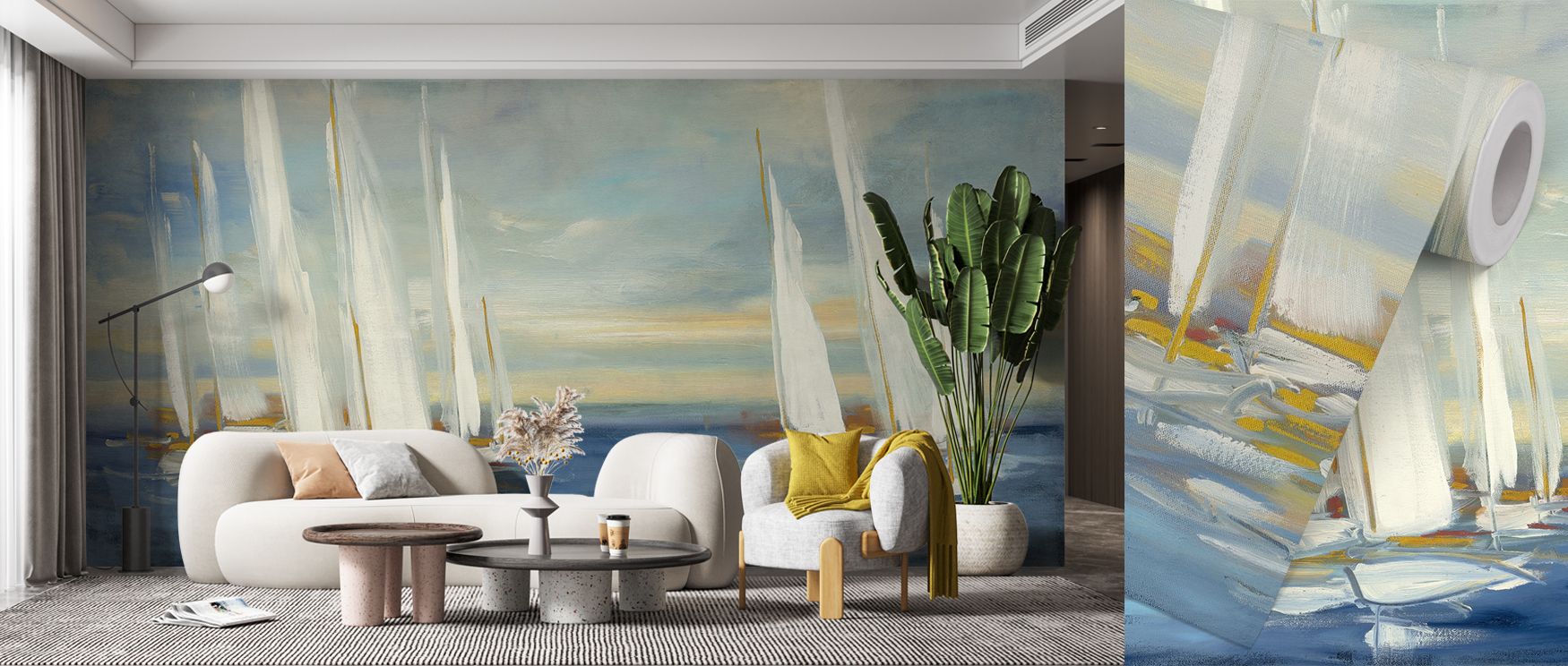 Sunset brilliance shines through Regatta Sunset Wallpaper, where warm tones reflect across sails and sea. The artwork captures peace with quiet grandeur. Interiors gain timeless elegance, ideal for bedrooms or offices seeking nautical charm.