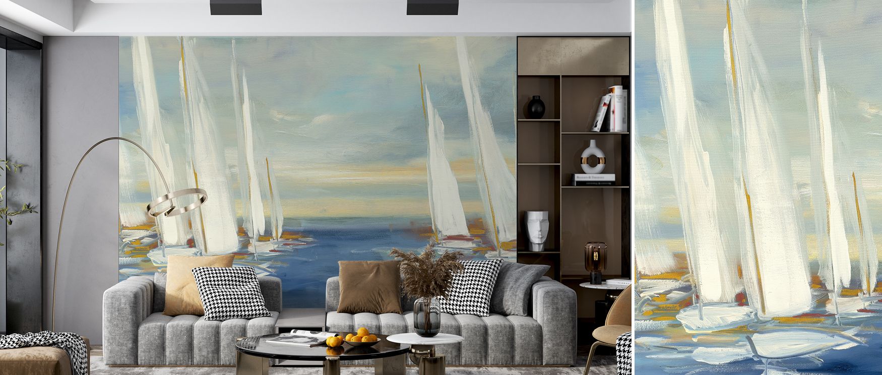 Tranquil waters flow beneath Regatta Sunset Wallpaper, where sailboats drift at dusk. The imagery captures balance of light and shadow, conveying calm. Interiors gain peace, enriched by nautical beauty. Perfect for studies or living rooms, it inspires ser