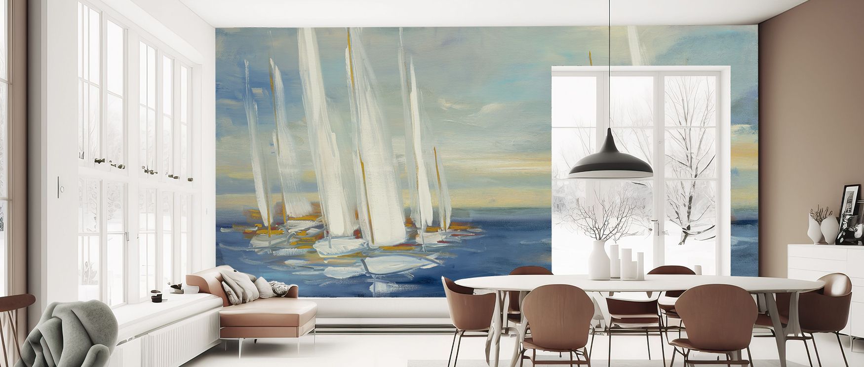 Silhouettes of sails enrich Regatta Sunset Wallpaper, framed by glowing skies. The tones radiate harmony, shaping atmosphere of calmness. Interiors benefit from its maritime charm, making living rooms or bedrooms serene. It enhances décor with elegance an