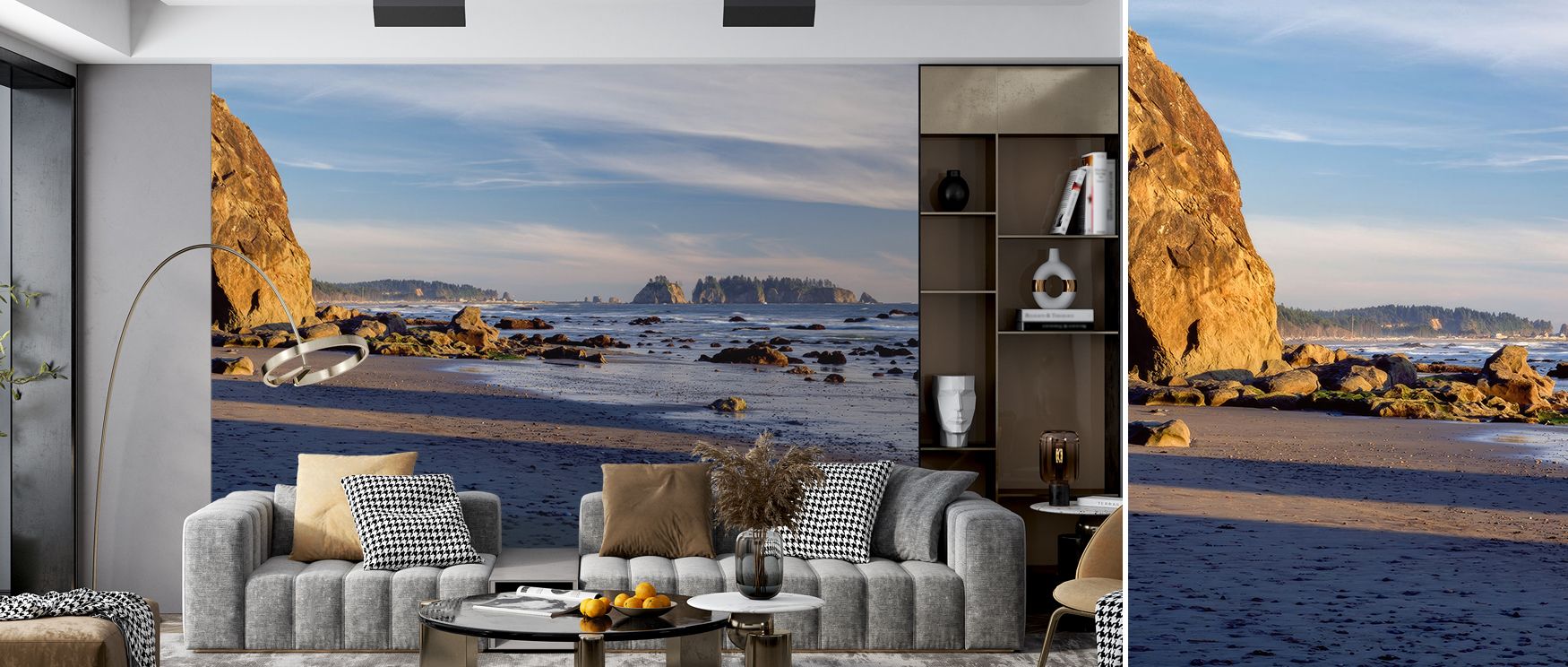 Coastal calm emerges in Rialto Beach at Sunset Wallpaper, balancing warm tones with still waters. Each gradient reflects harmony, offering peace indoors. Interiors transform into calming retreats, ideal for bedrooms or hallways seeking serenity.
