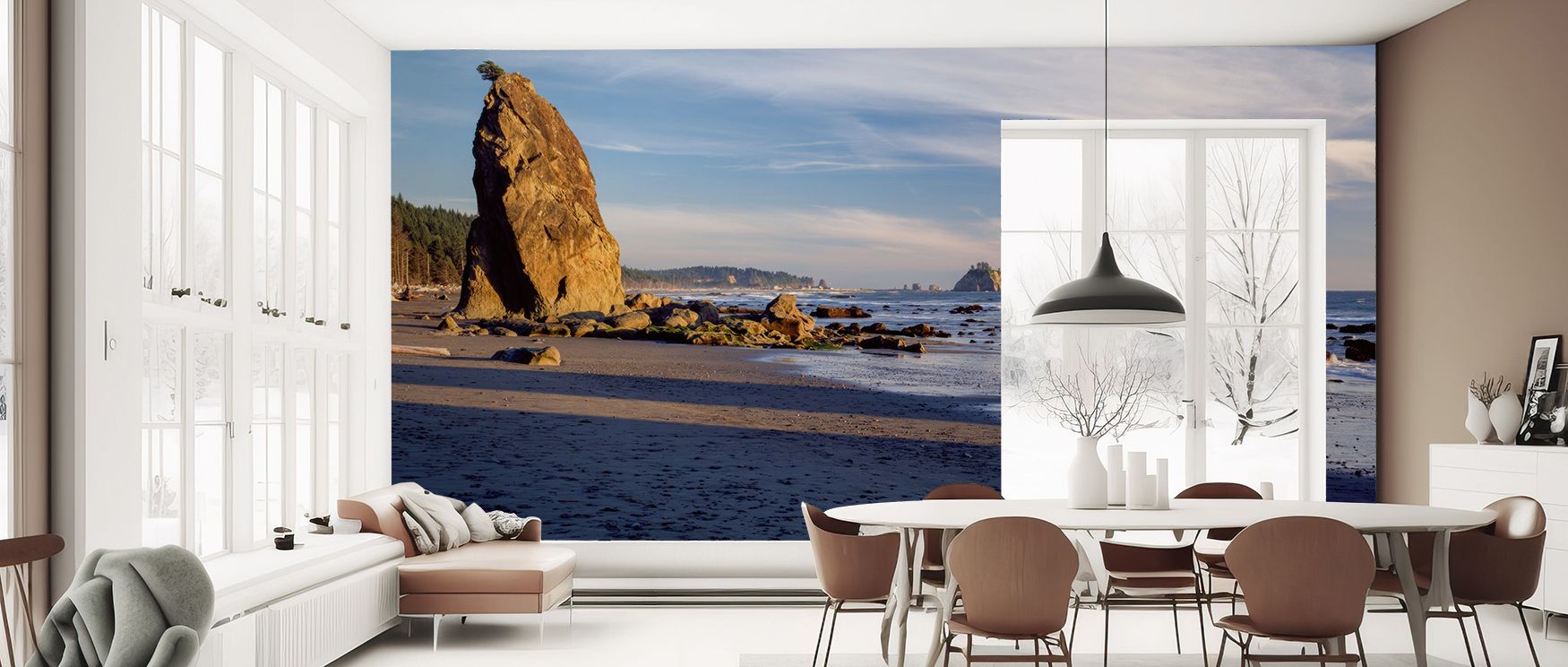 Glowing skies define Rialto Beach at Sunset Wallpaper, layering warmth across calm waters. The imagery feels expansive, filling walls with horizon views. Interiors gain coastal elegance, enriched with atmosphere. Ideal for living rooms, it creates serenit