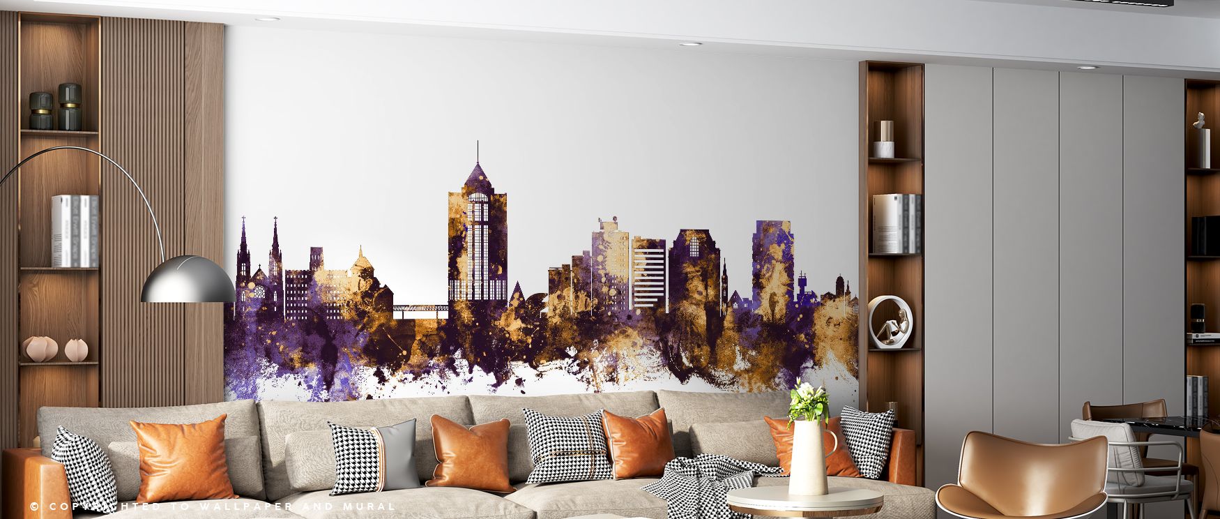 Golden accents enrich Roanoke Virginia Skyline Purple & Gold Wallpaper, highlighting structure with luminous contrast. Purple depth anchors the skyline, offering timeless sophistication. Interiors gain atmosphere filled with luxury, suitable for living ro