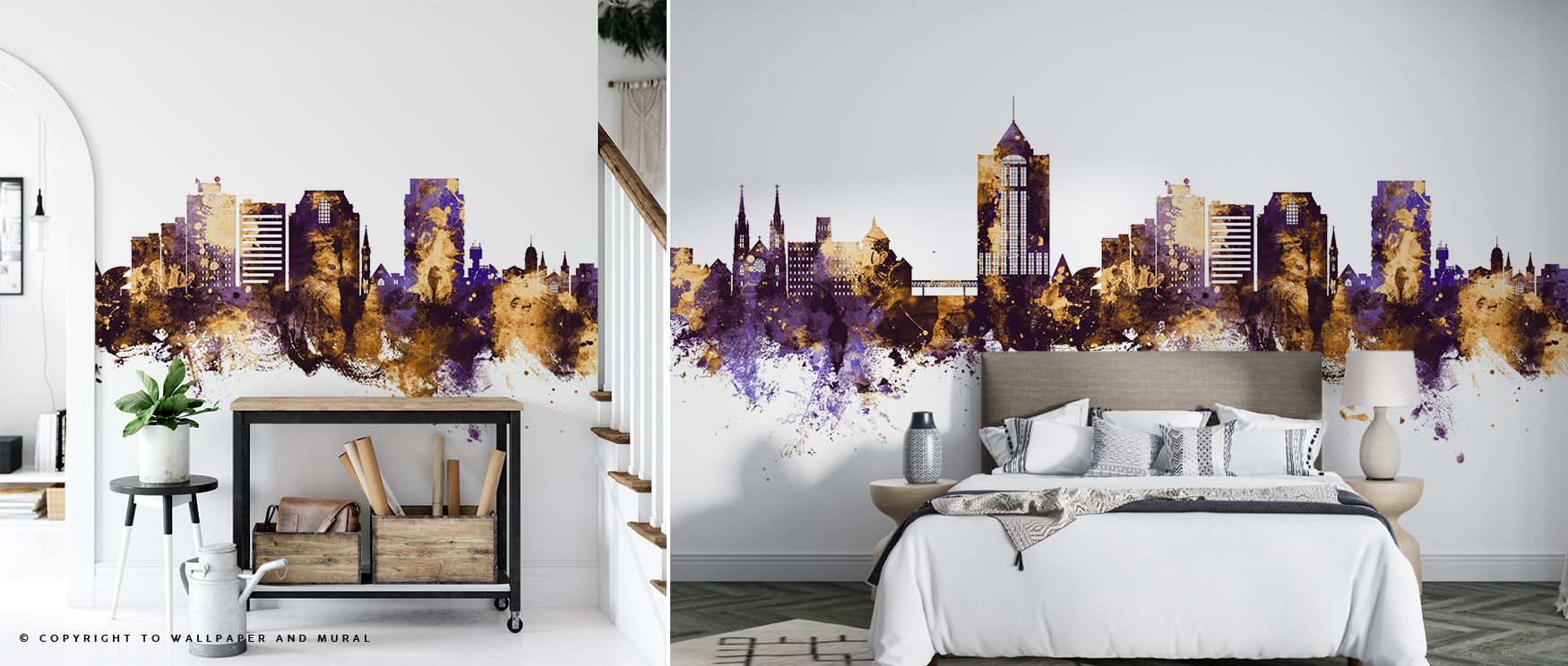 Skyline silhouettes dominate Roanoke Virginia Skyline Purple & Gold Wallpaper, where purple backgrounds merge with glowing gold. The design radiates regal calmness, enriching interiors with balance. Walls gain visual strength, ideal for studies or living 