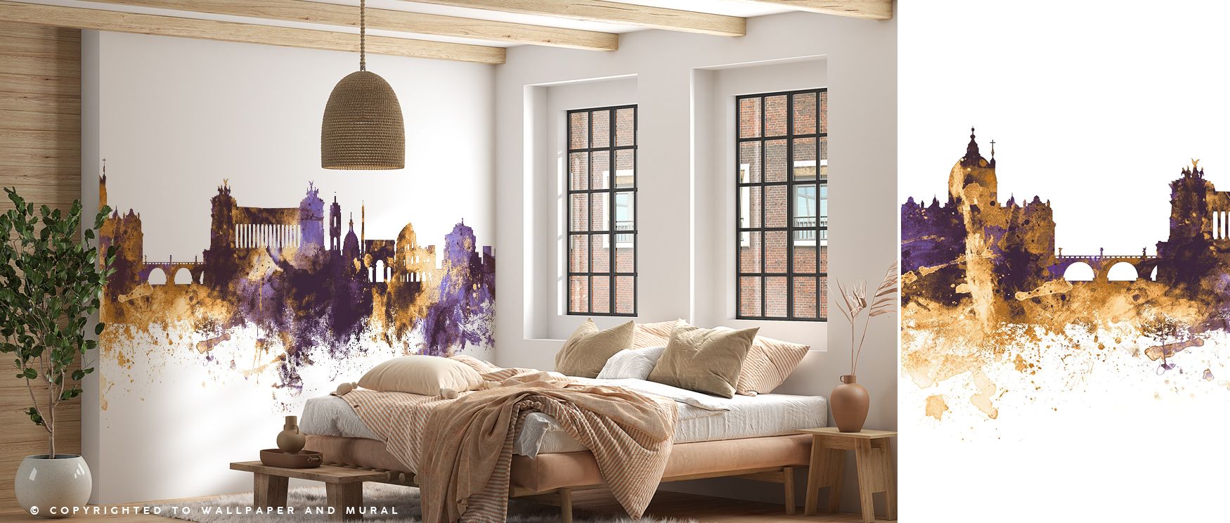 Cultural grandeur thrives in Rome Italy Skyline Purple & Gold Wallpaper, where silhouettes carry timeless beauty. Gold accents shimmer with warmth, highlighting detail. Interiors gain atmosphere of historical artistry, perfect for living rooms or studies.
