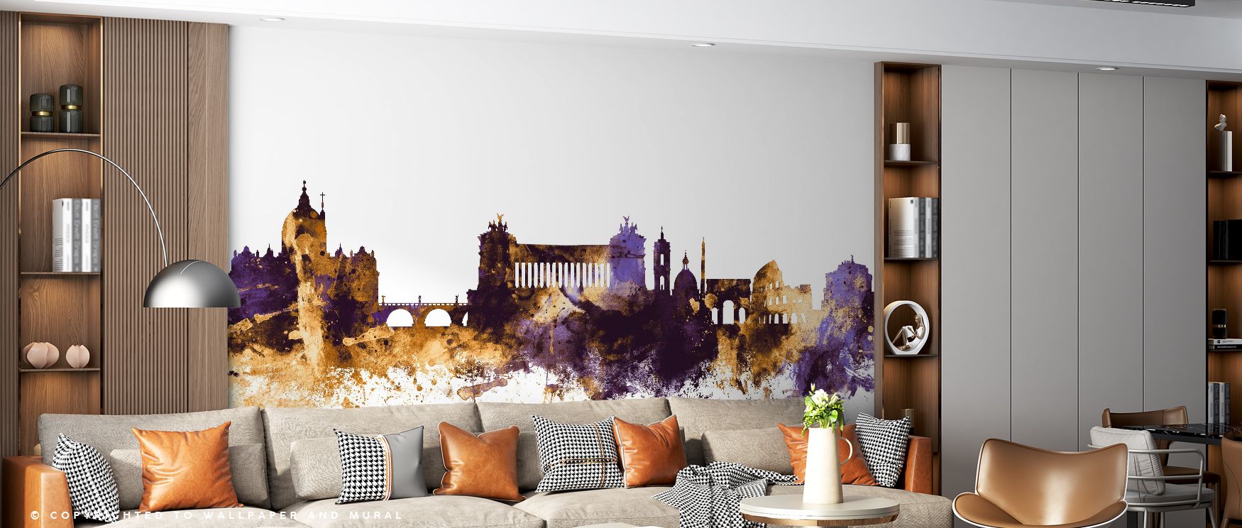 Iconic landmarks rise in Rome Italy Skyline Purple & Gold Wallpaper, presented with regal tones. Purple grounds the skyline while gold brings radiance. Interiors glow with heritage charm, turning bedrooms into refined sanctuaries of calmness.