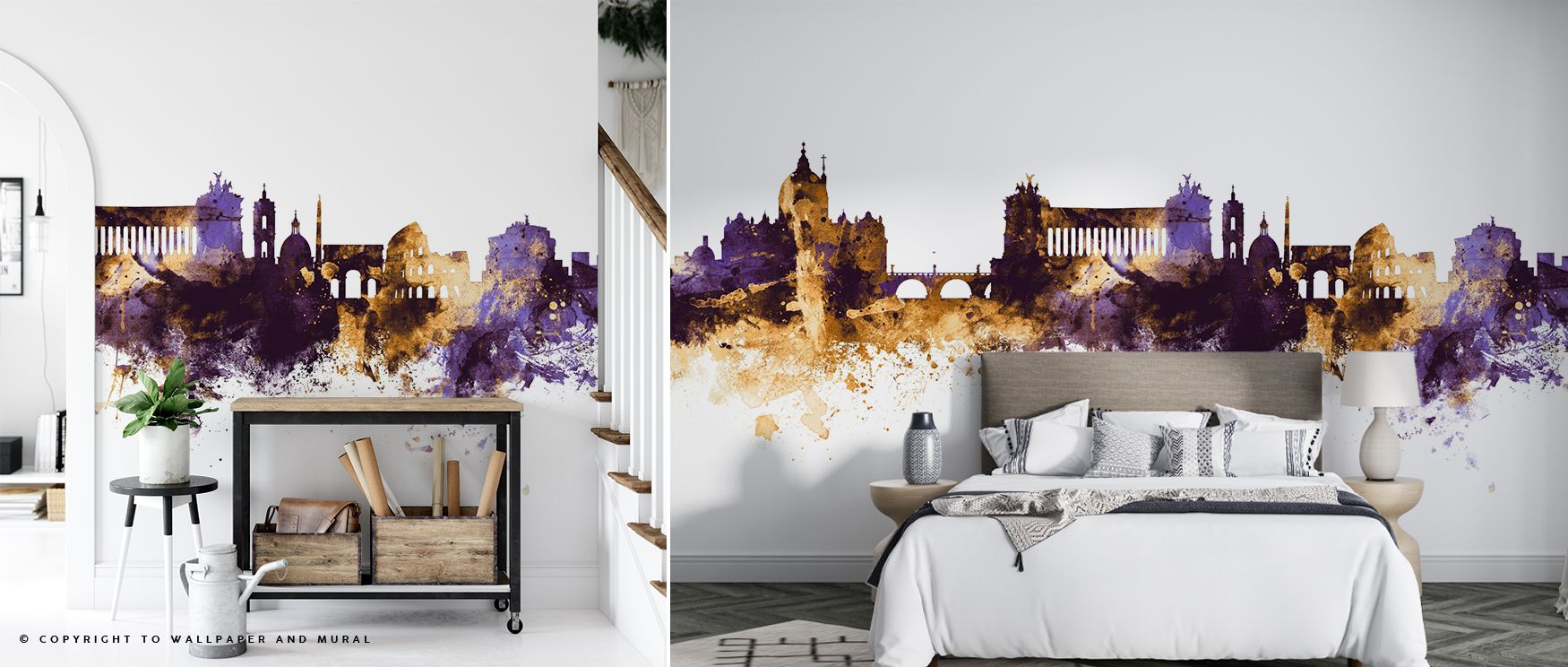 Eternal beauty fills Rome Italy Skyline Purple & Gold Wallpaper, where silhouettes radiate timeless grace. The palette balances richness with sophistication, uplifting interiors. Perfect for offices or living spaces, it offers historical character indoors