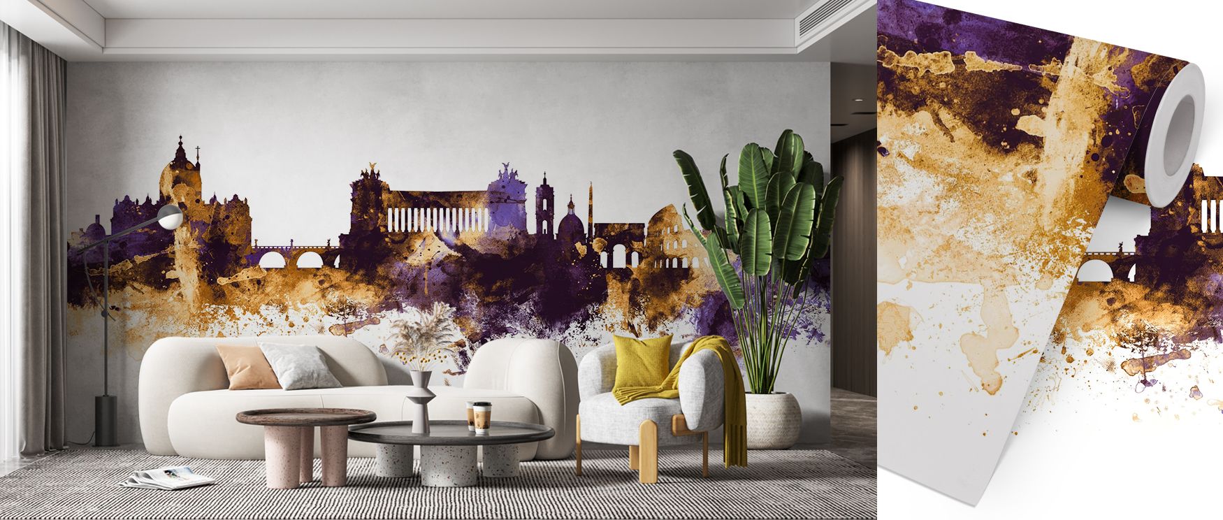 Architectural heritage dominates Rome Italy Skyline Purple & Gold Wallpaper, with structures bathed in luminous tones. Each line reflects artistry, shaping refined atmosphere. Interiors gain majesty and calmness, ideal for bedrooms or offices.
