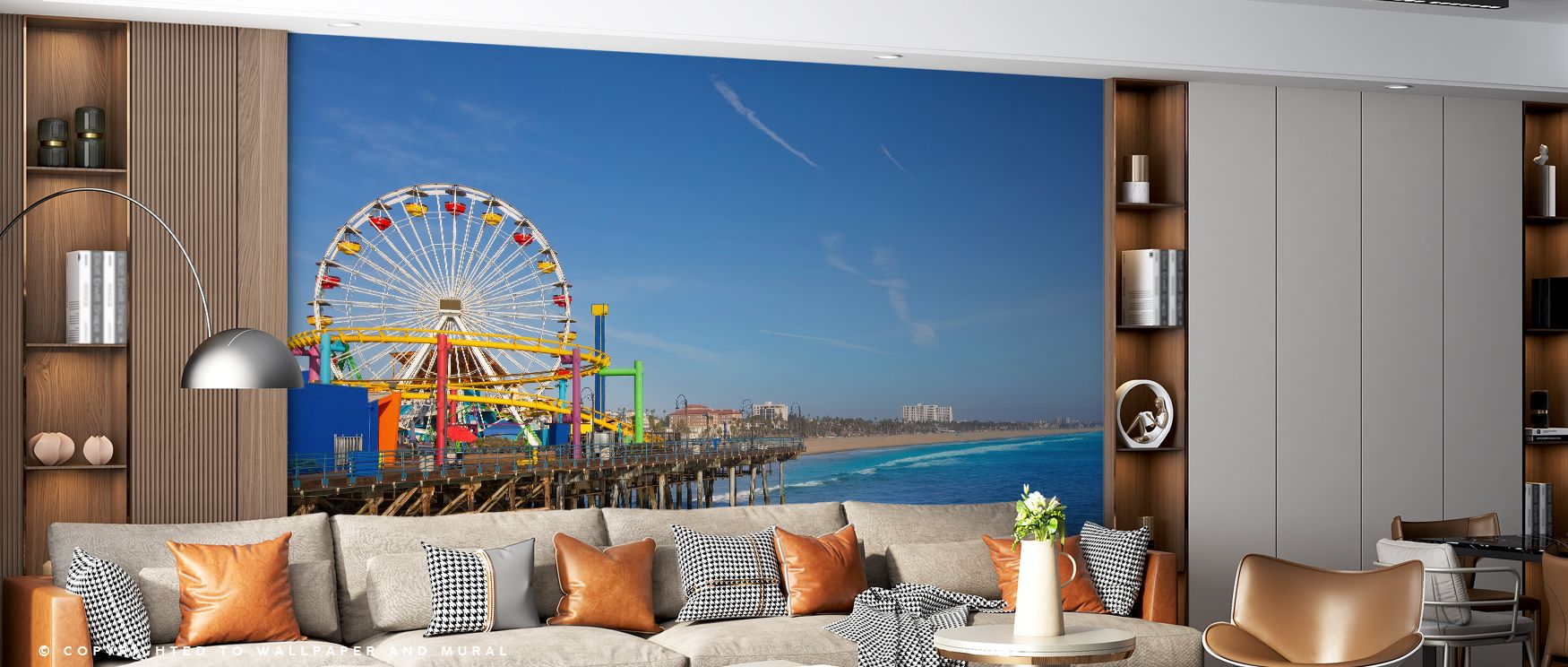 Festive tones mark Santa Monica Pier Wallpaper, blending seaside charm with bright imagery. The composition uplifts interiors with fun, turning spaces into celebratory retreats. Bedrooms or playrooms glow with lively energy from its coastal presence.