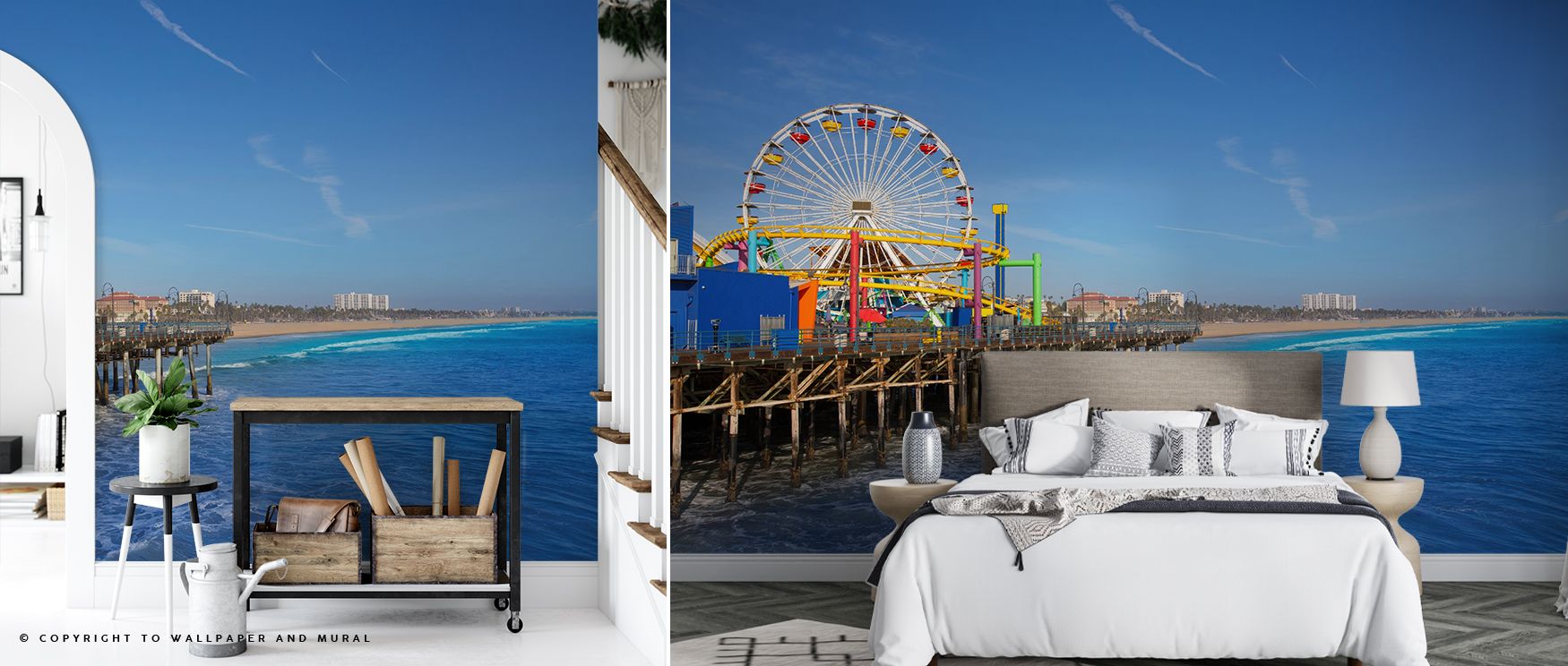 Iconic silhouettes define Santa Monica Pier Wallpaper, where ferris wheel and boardwalk radiate charm. The design captures playful atmosphere, bringing vibrancy to interiors. Game rooms or bedrooms gain festive energy, filled with seaside joy.