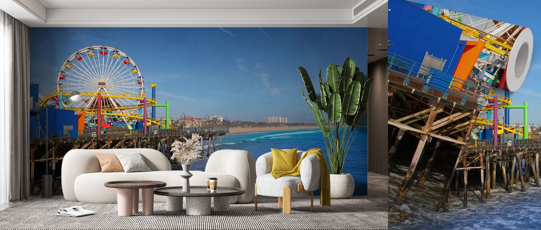 Playful artistry enriches Santa Monica Pier Wallpaper, where bold tones highlight coastal fun. Each detail radiates character, making walls lively. Interiors transform into cheerful escapes, suitable for bedrooms or living spaces.
