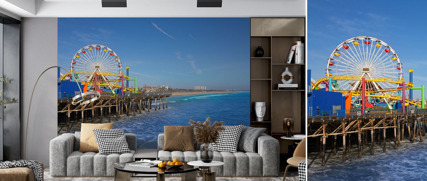 Coastal excitement thrives in Santa Monica Pier Wallpaper, where structures shimmer with light. The palette conveys lively rhythm, enhancing interiors with joy. Game rooms or bedrooms benefit from its dynamic atmosphere.