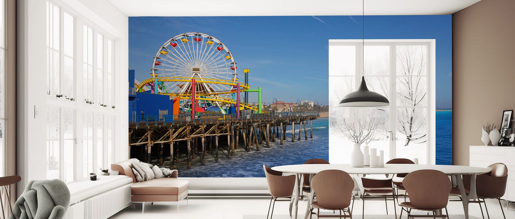 Bright lights animate Santa Monica Pier Wallpaper, capturing evening energy with festive tones. The design conveys playful calmness, uplifting interiors. Living rooms or bedrooms glow with joyful seaside charm, inspired by California’s coast.