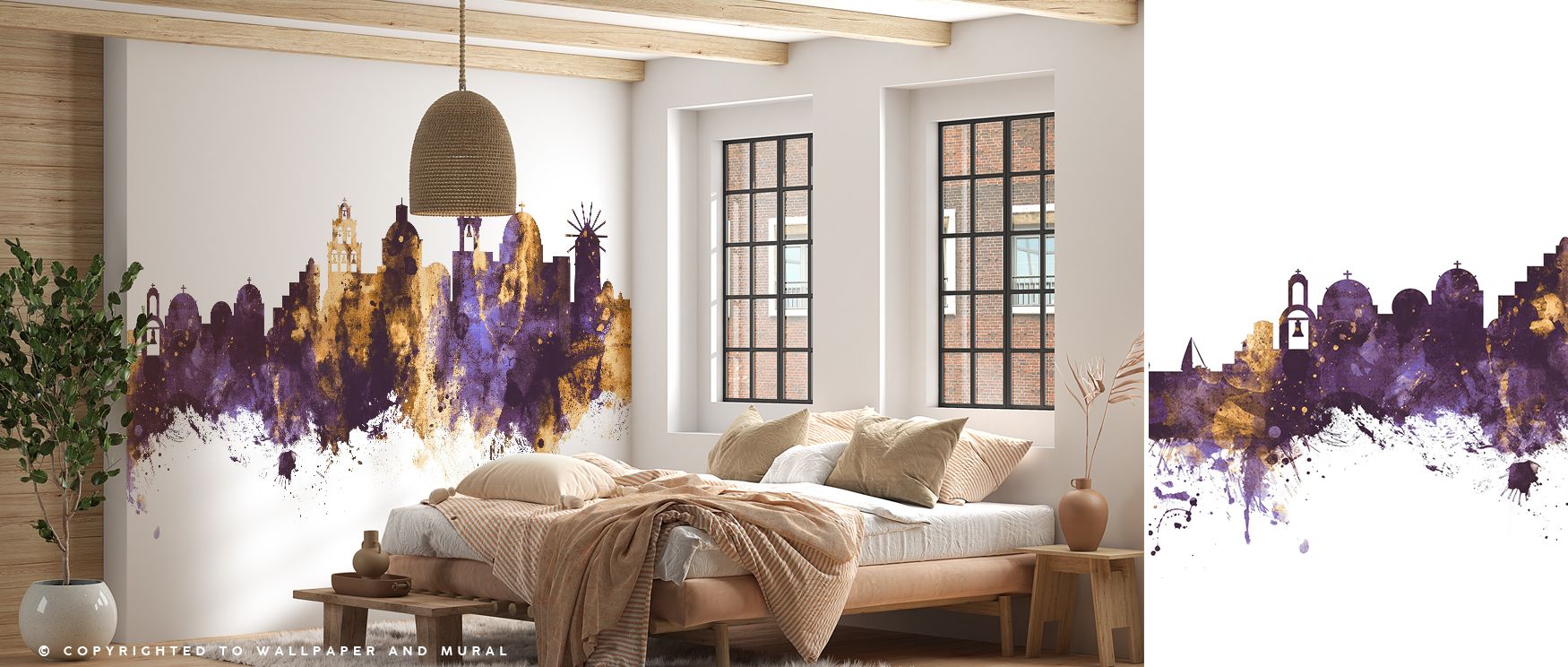 Golden highlights crown Santorini Skyline Purple & Gold Wallpaper, where architectural grace meets luminous atmosphere. The skyline radiates elegance, uplifting interiors with charm. Bedrooms or living rooms gain refined presence, filled with cultural spi