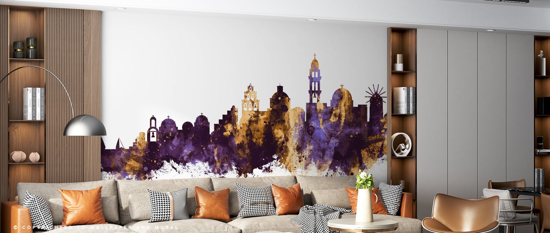 Distinct rooftops shine in Santorini Skyline Purple & Gold Wallpaper, where colors merge in harmony. The imagery conveys timeless sophistication, enriching interiors. Offices or bedrooms transform into refined retreats filled with grandeur.