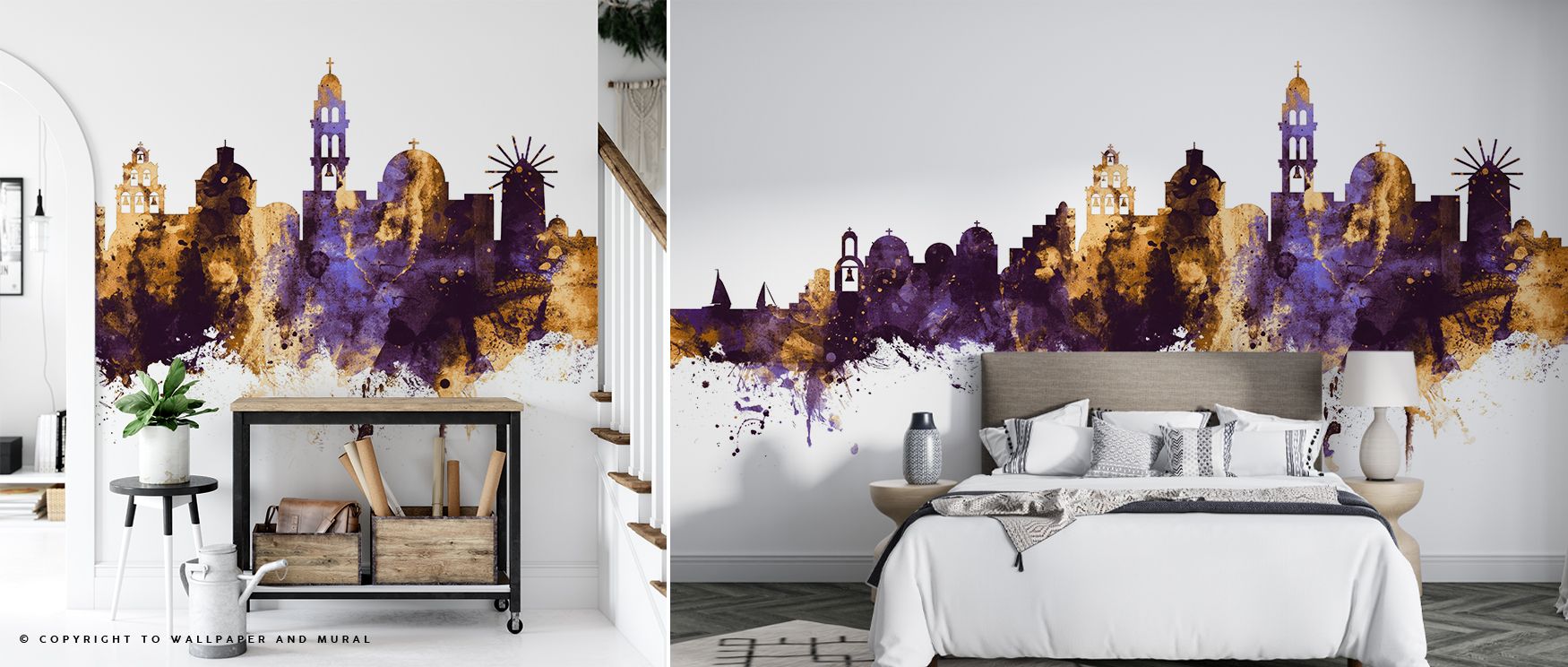 Cultural charm thrives in Santorini Skyline Purple & Gold Wallpaper, where silhouettes glow with regal tones. Each detail highlights artistry, turning walls into heritage-inspired backdrops. Interiors glow with Mediterranean elegance.